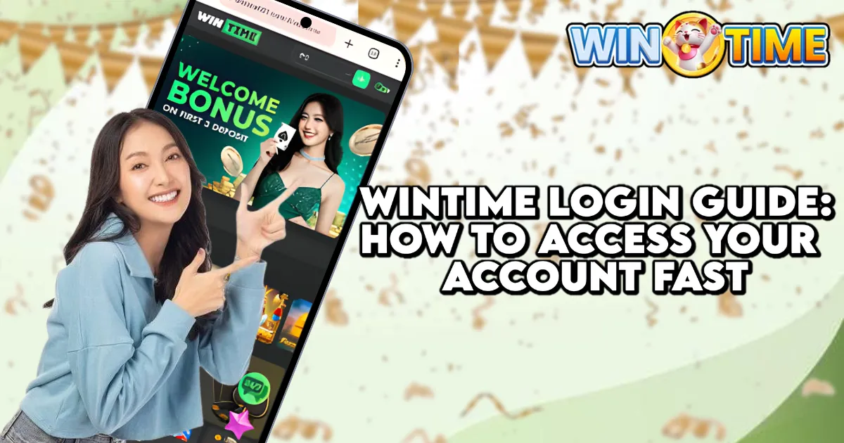 A promotional image showing a smiling woman pointing at a smartphone displaying the Wintime site with a welcome bonus banner. Bold text highlights a Wintime Login Guide, emphasizing fast and easy account access, with the Wintime logo visible on a clean green background.